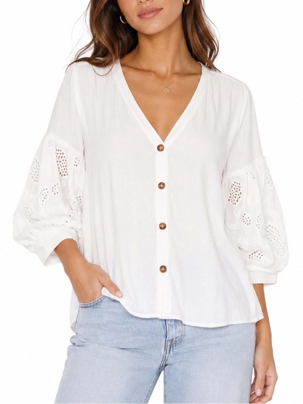 Zara Cream Button Down Eyelet Puff Sleeve Blouse size medium
